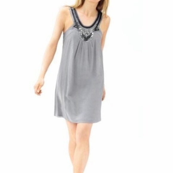Banana Republic Gray Silk Sequined Beaded Deco 1920's Flapper Style Dress Size 8 - Picture 3 of 17